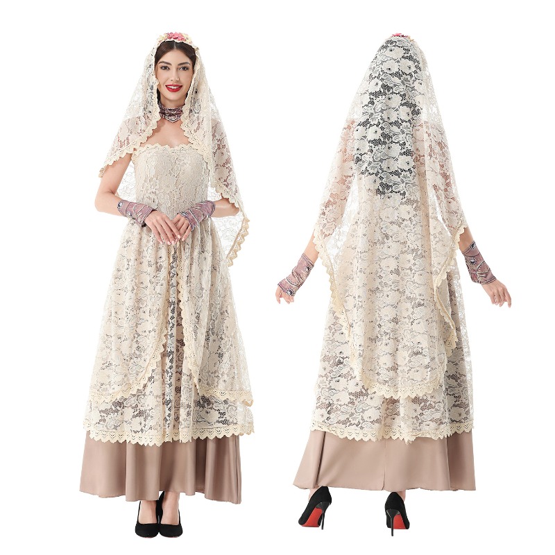 Wedding Dress - Vintage-Spitzen-Maxikleid für Damen mit Spitzenhaube, trägerloses,
