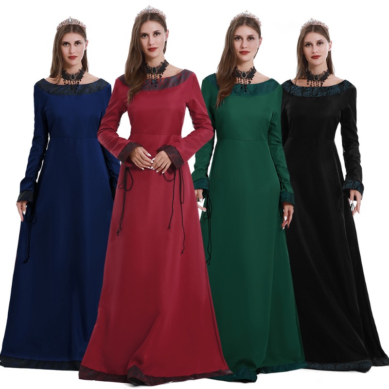 Lace Dress - Damen Mittelalterliches Langes Kleid mit V-Ausschnitt,