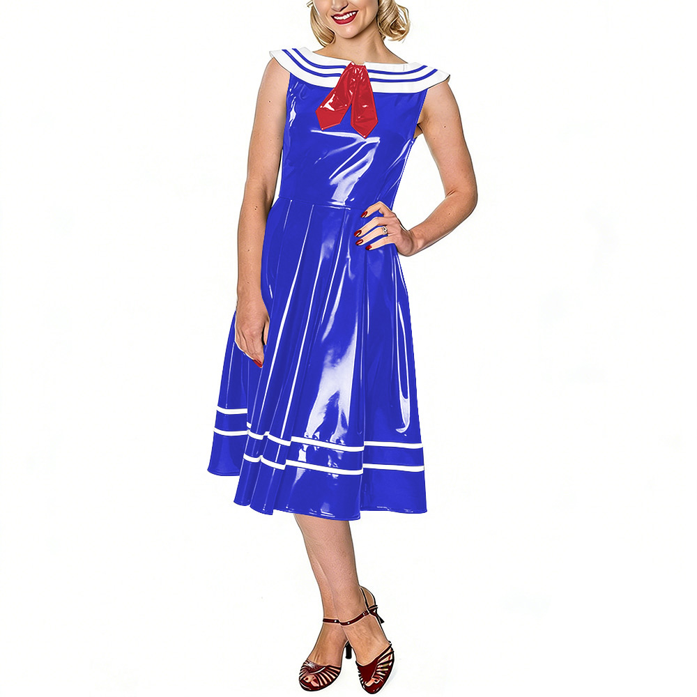 Midi Dress - Vintage Matrosenkleid für Damen Glänzendes Leder-PVC